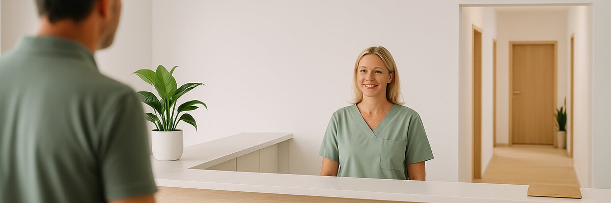 Empfangsbereich der hausärztlichen Gemeinschaftspraxis Dünninghaus in Oelde