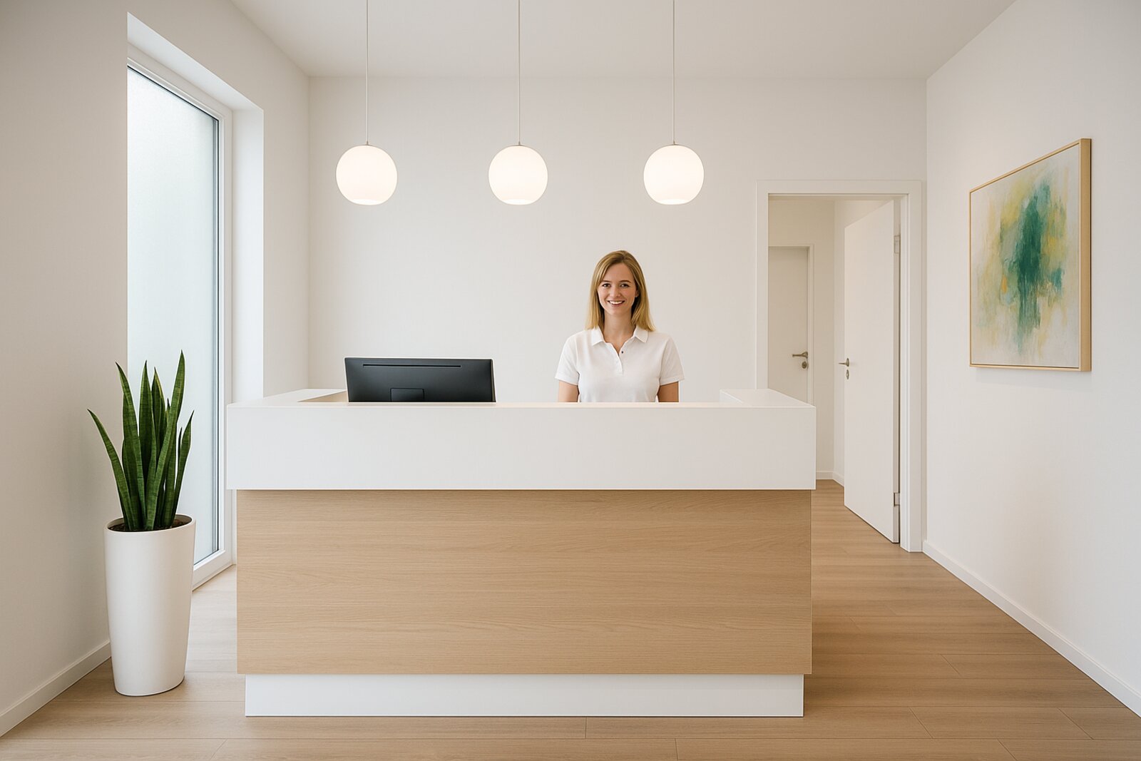 Heller Empfangsbereich mit Holztheke